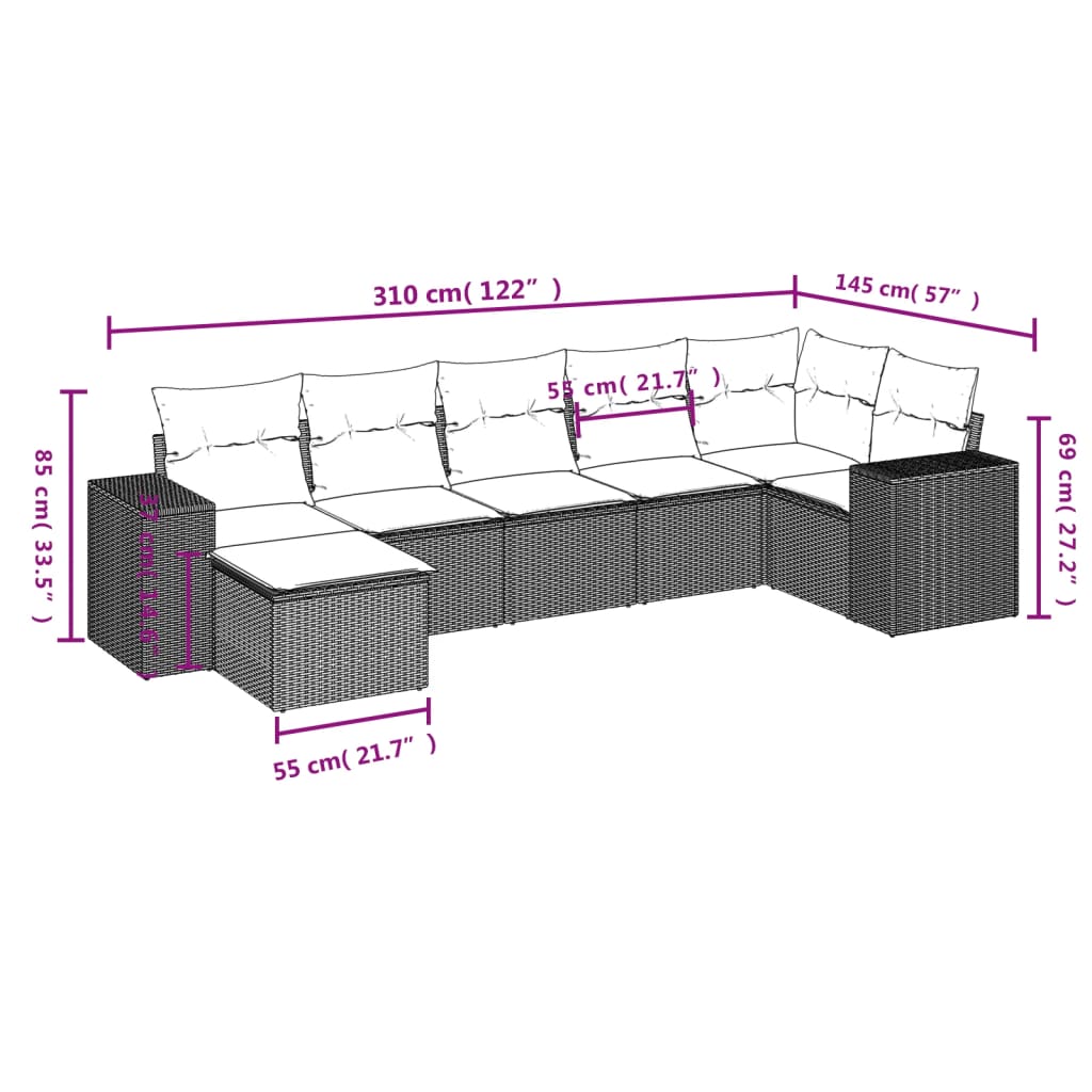 Salon de jardin avec coussins 7 pcs beige résine tressée