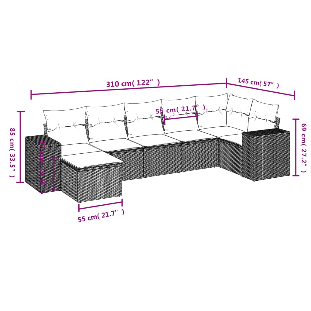 Salon de jardin avec coussins 7 pcs gris résine tressée