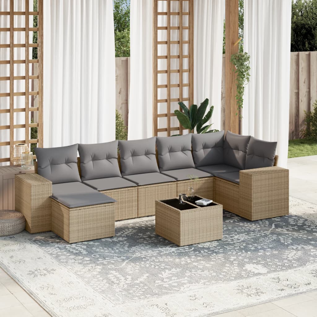 Salon de jardin avec coussins 8 pcs beige résine tressée