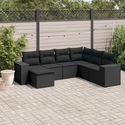 Salon de jardin 7 pcs avec coussins noir résine tressée