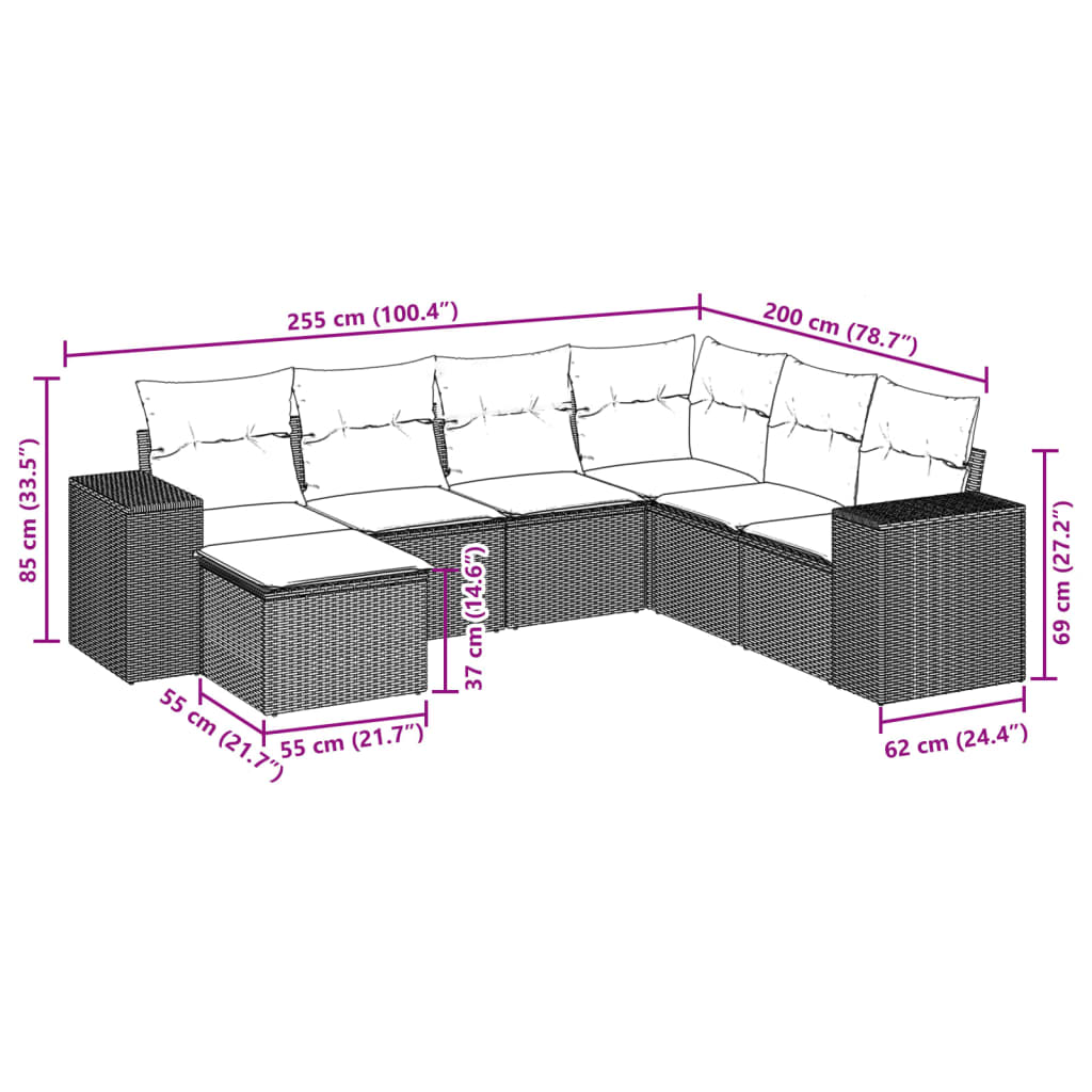 Salon de jardin avec coussins 7 pcs gris résine tressée