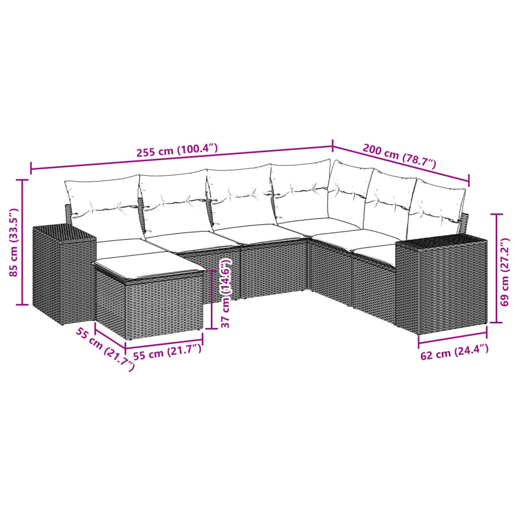 Salon de jardin avec coussins 7 pcs marron résine tressée