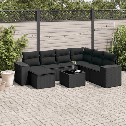 Salon de jardin 8 pcs avec coussins noir résine tressée