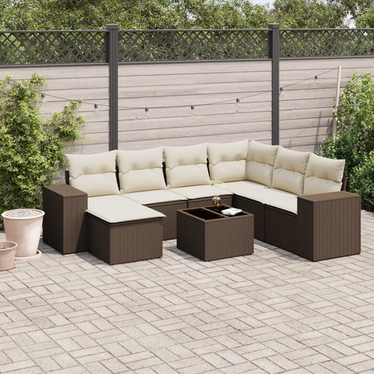 Salon de jardin 8 pcs avec coussins marron résine tressée