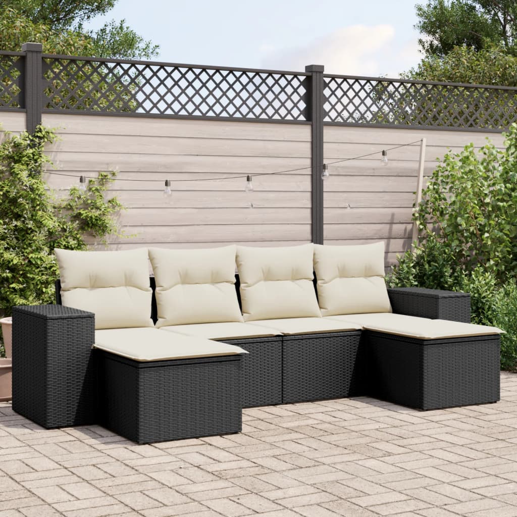 Salon de jardin 6 pcs avec coussins noir résine tressée