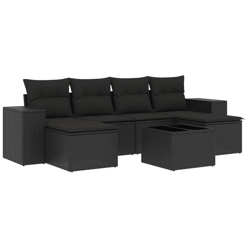 Salon de jardin 7 pcs avec coussins noir résine tressée