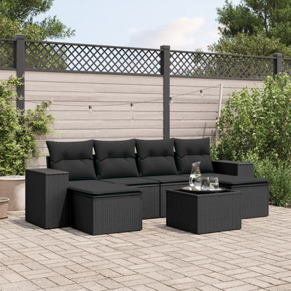 Salon de jardin 7 pcs avec coussins noir résine tressée