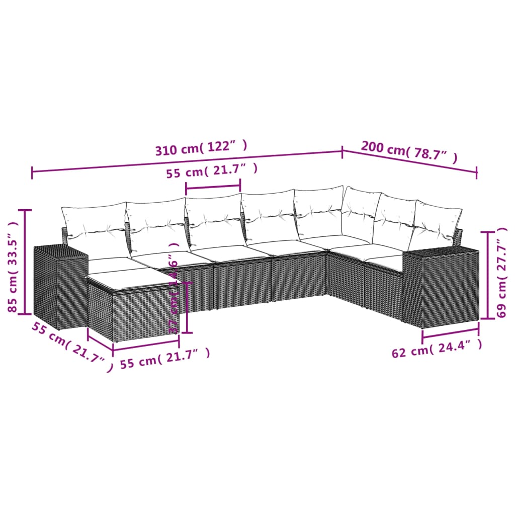 Salon de jardin 8 pcs avec coussins noir résine tressée