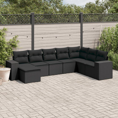 Salon de jardin 8 pcs avec coussins noir résine tressée