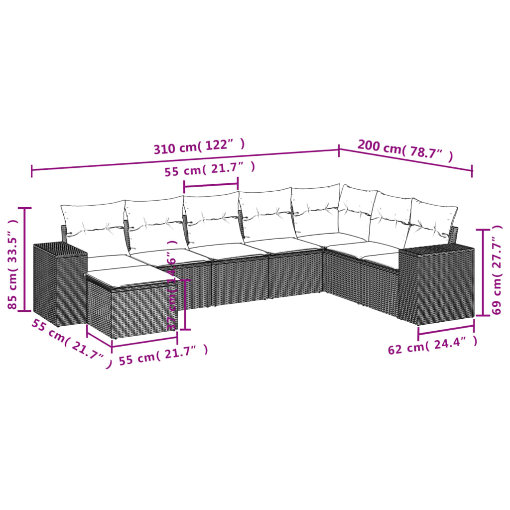 Salon de jardin 8 pcs avec coussins gris résine tressée