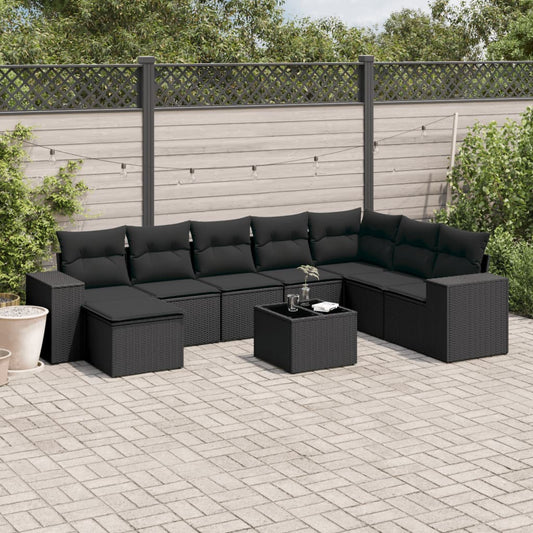 Salon de jardin 9 pcs avec coussins noir résine tressée