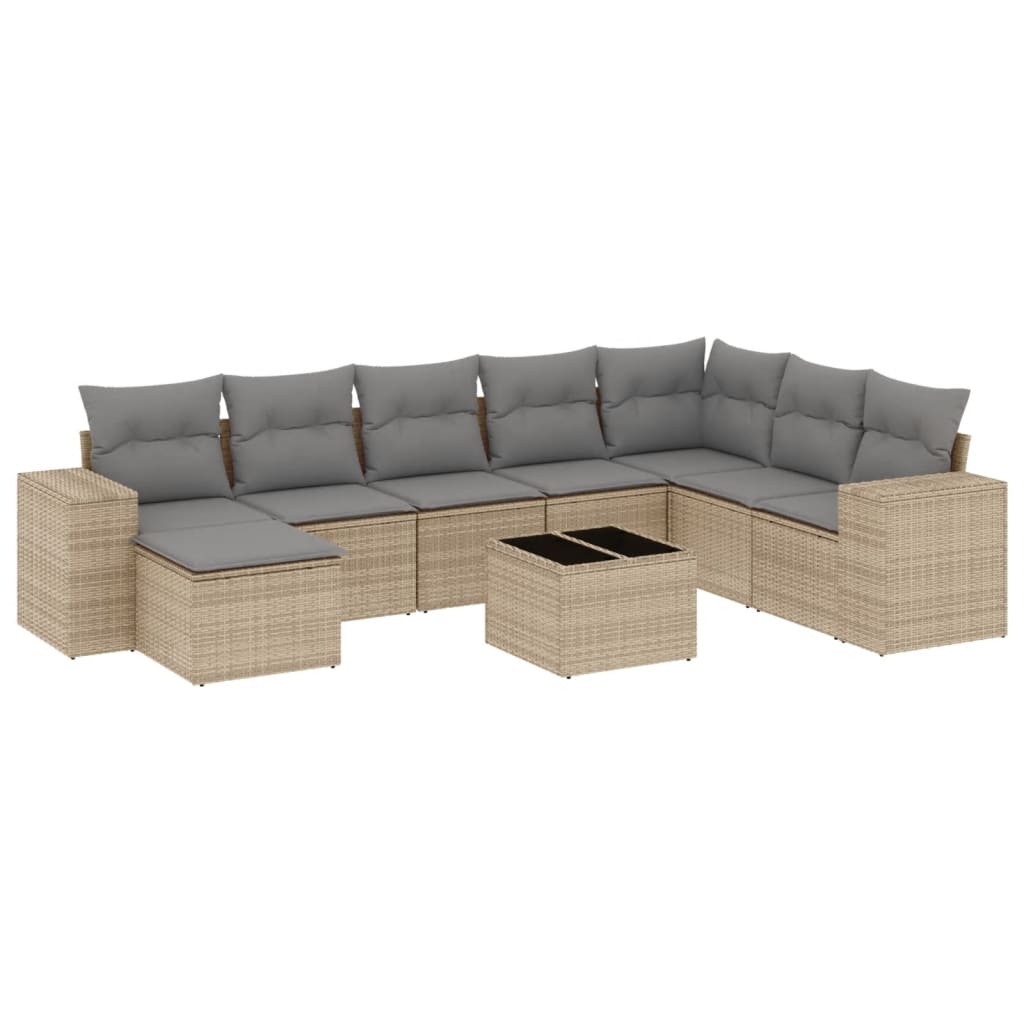 Salon de jardin avec coussins 9 pcs beige résine tressée