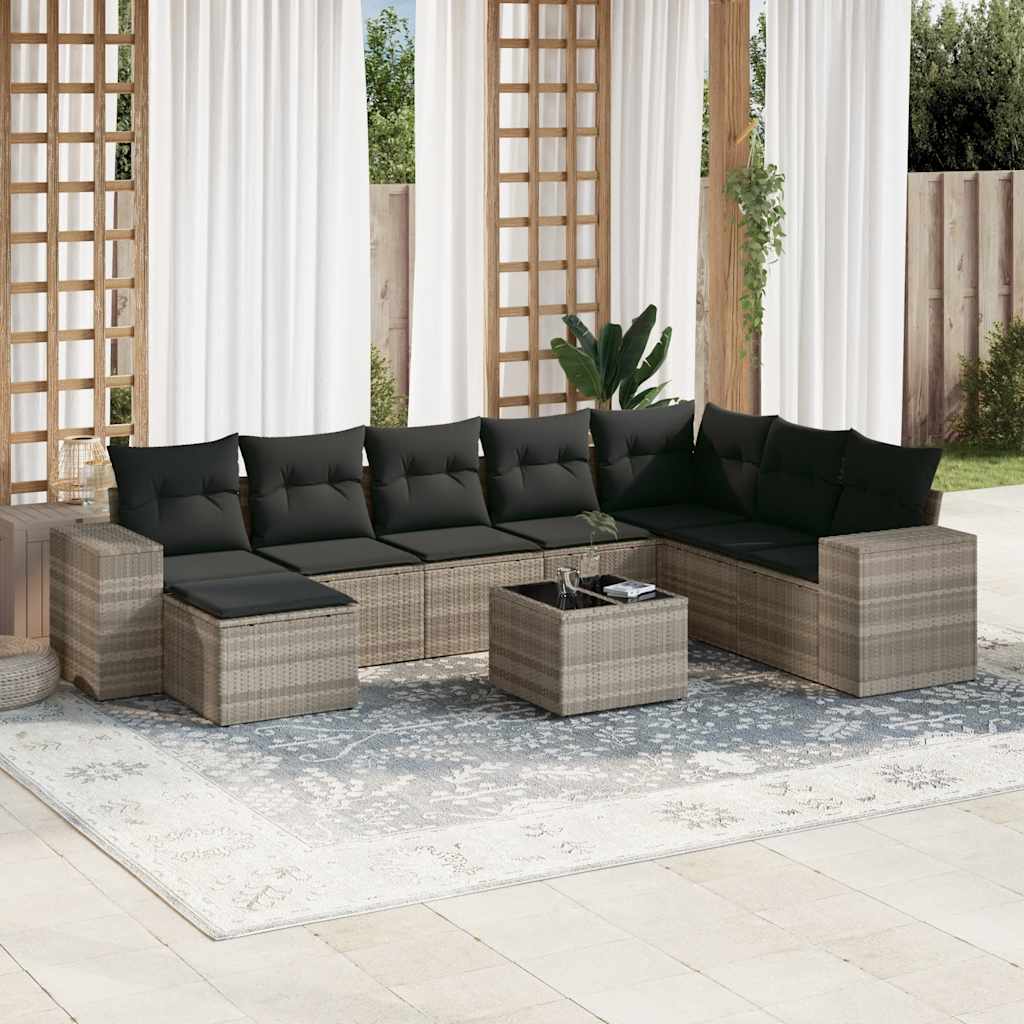 Salon de jardin 9 pcs avec coussins gris clair résine tressée