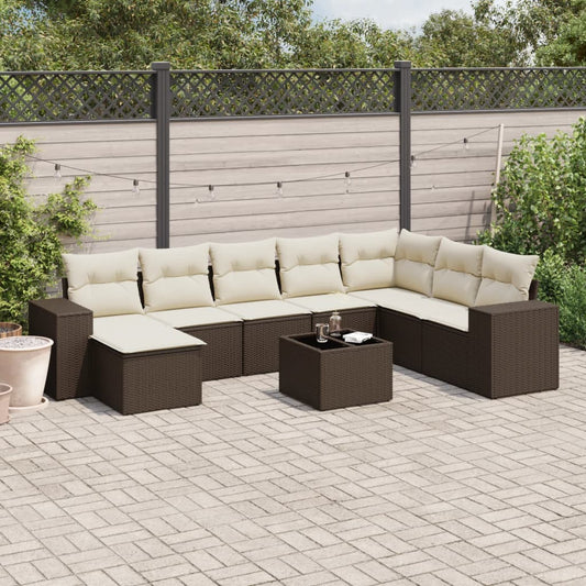 Salon de jardin avec coussins 9 pcs marron résine tressée