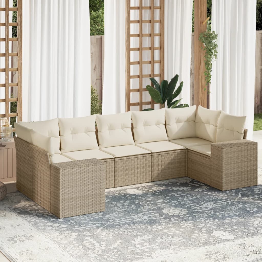 Salon de jardin avec coussins 7 pcs beige résine tressée