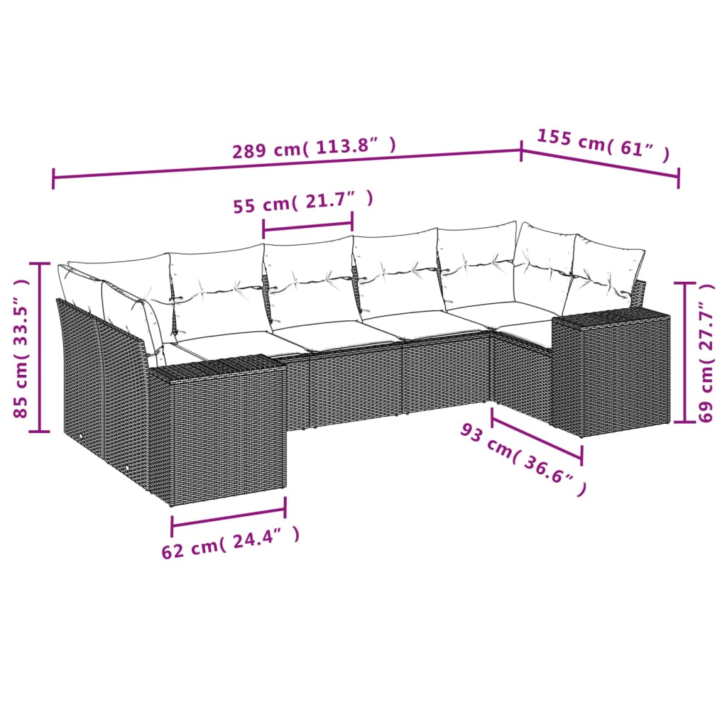 Salon de jardin avec coussins 7 pcs gris résine tressée