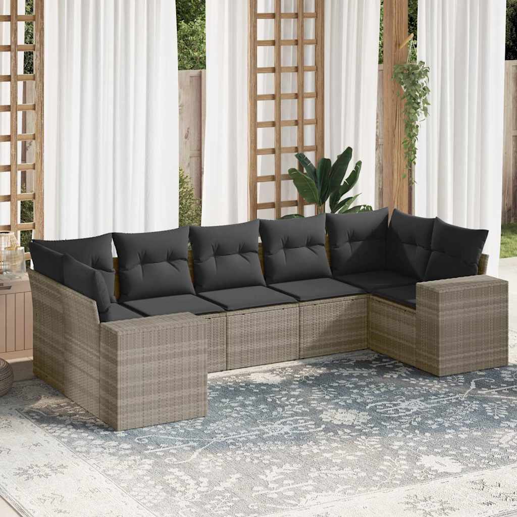 Salon de jardin avec coussins 7 pcs gris clair résine tressée