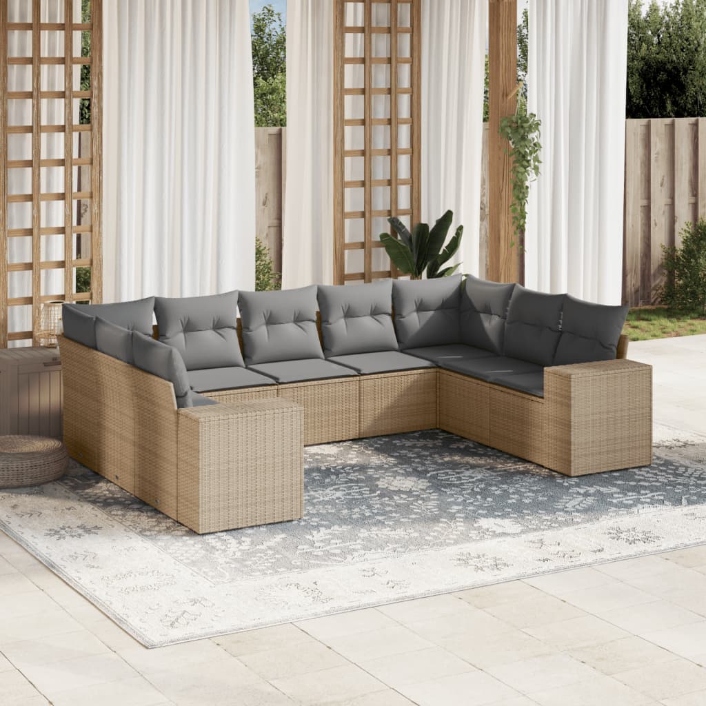 Salon de jardin avec coussins 9 pcs beige résine tressée