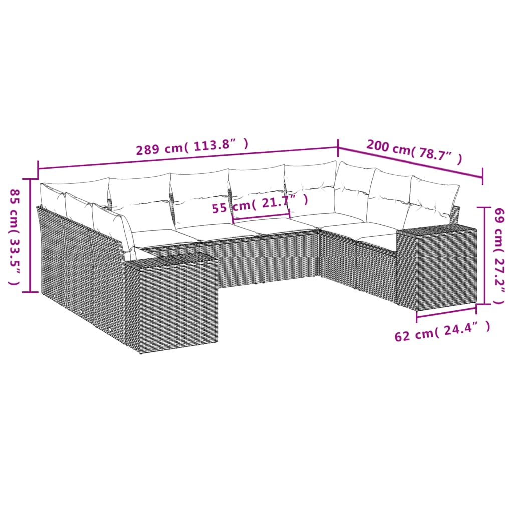 Salon de jardin avec coussins 9 pcs marron résine tressée