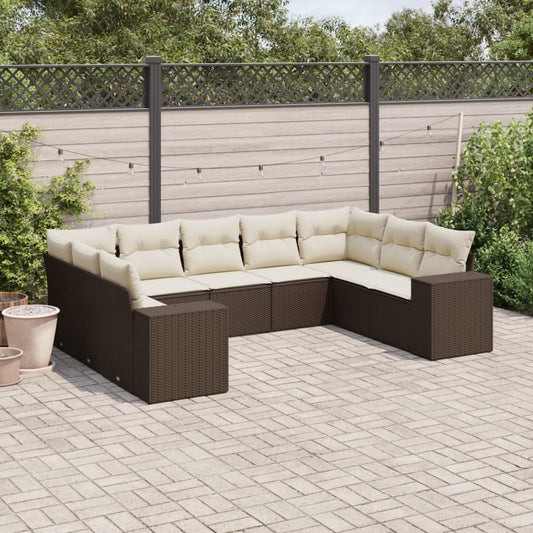 Salon de jardin avec coussins 9 pcs marron résine tressée