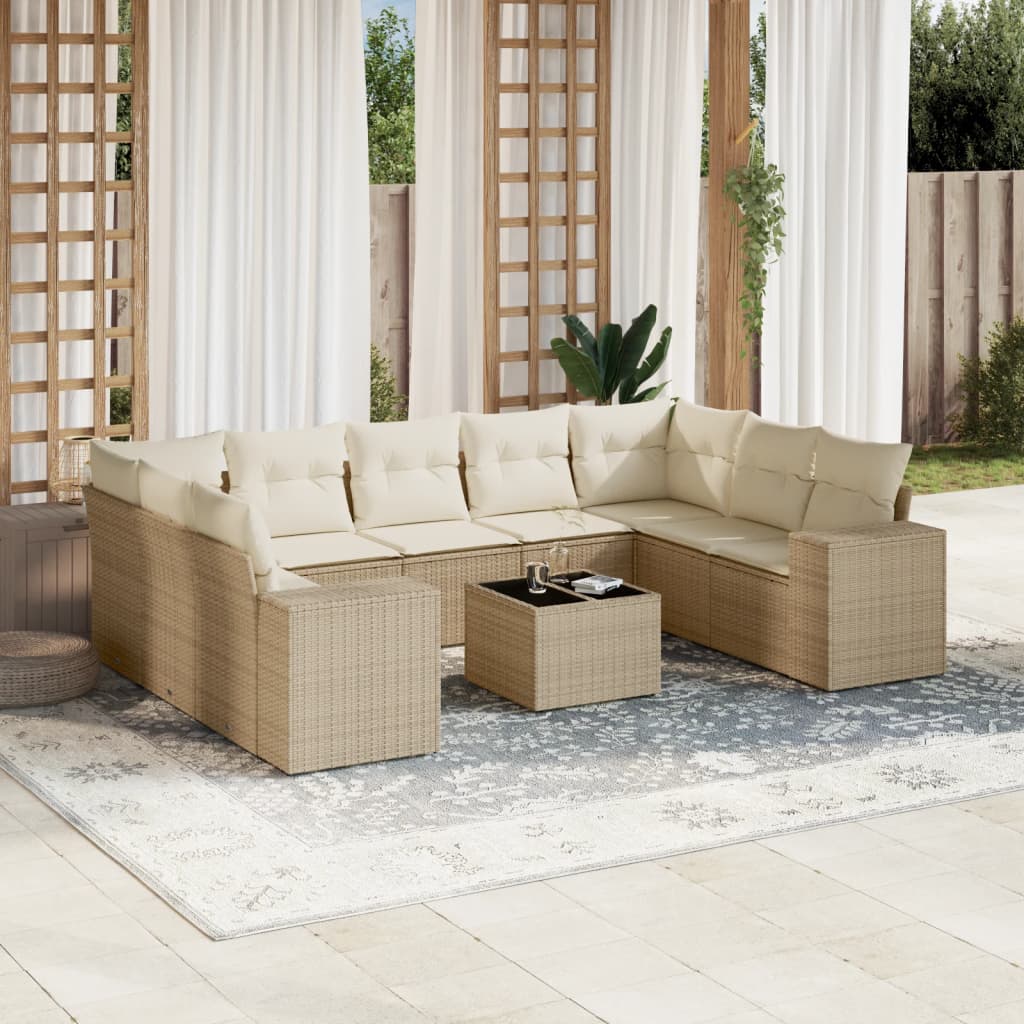 Salon de jardin avec coussins 10 pcs beige résine tressée