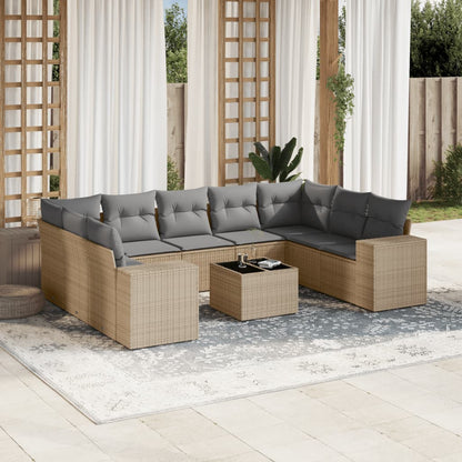 Salon de jardin avec coussins 10 pcs beige résine tressée