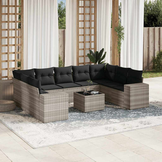 Salon de jardin avec coussins 10 pcs gris clair résine tressée