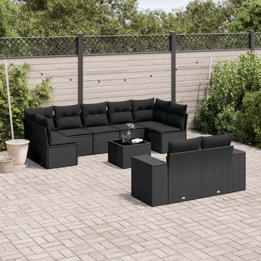 Salon de jardin 10 pcs avec coussins noir résine tressée