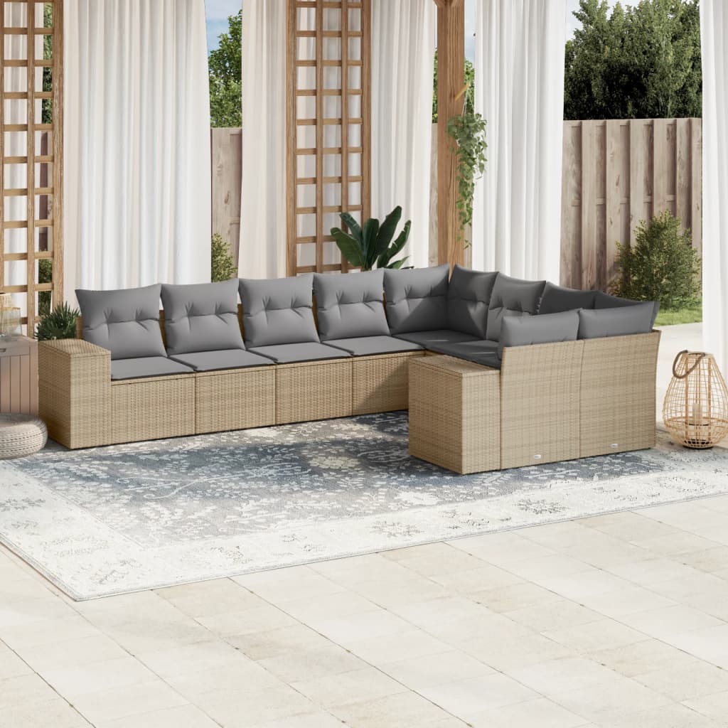 Salon de jardin avec coussins 9 pcs beige résine tressée