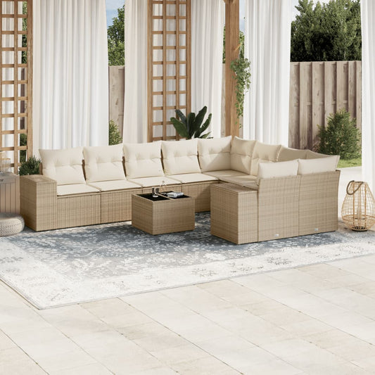 Salon de jardin avec coussins 10 pcs beige résine tressée