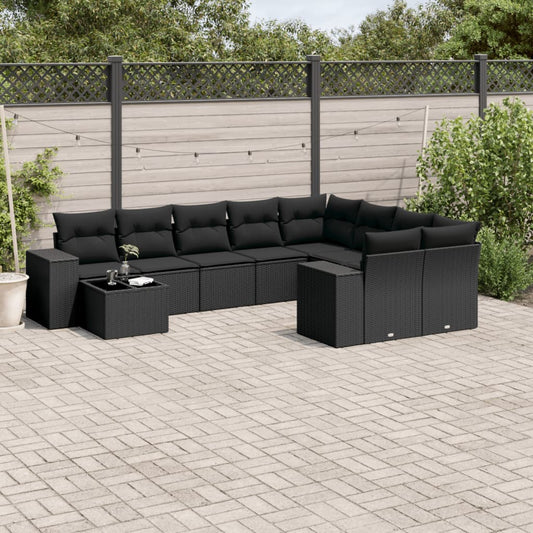 Salon de jardin 10 pcs avec coussins noir résine tressée