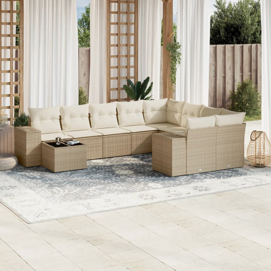 Salon de jardin avec coussins 10 pcs beige résine tressée