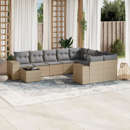 Salon de jardin avec coussins 10 pcs beige résine tressée