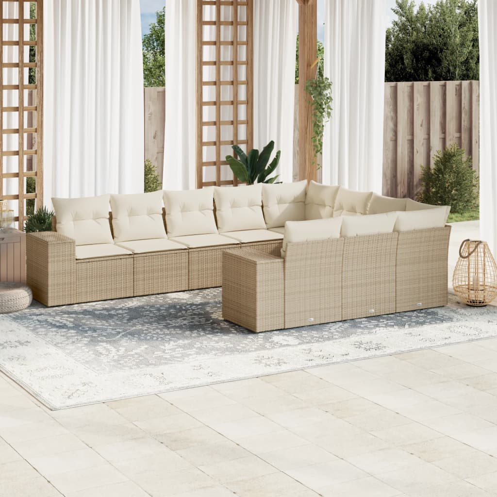 Salon de jardin avec coussins 10 pcs beige résine tressée