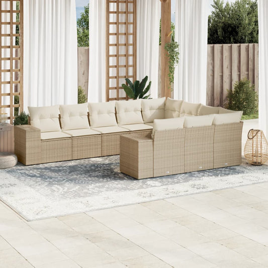 Salon de jardin avec coussins 10 pcs beige résine tressée