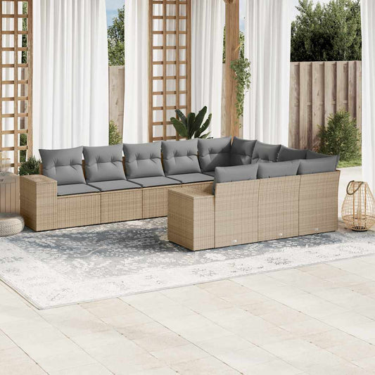 Salon de jardin avec coussins 10 pcs beige résine tressée