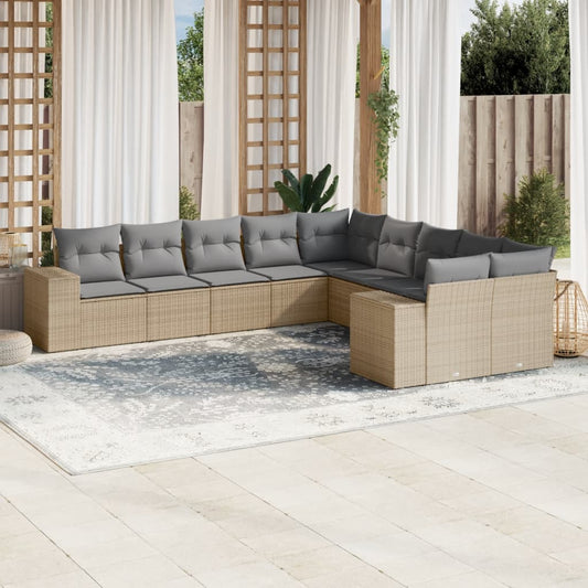 Salon de jardin avec coussins 10 pcs beige résine tressée