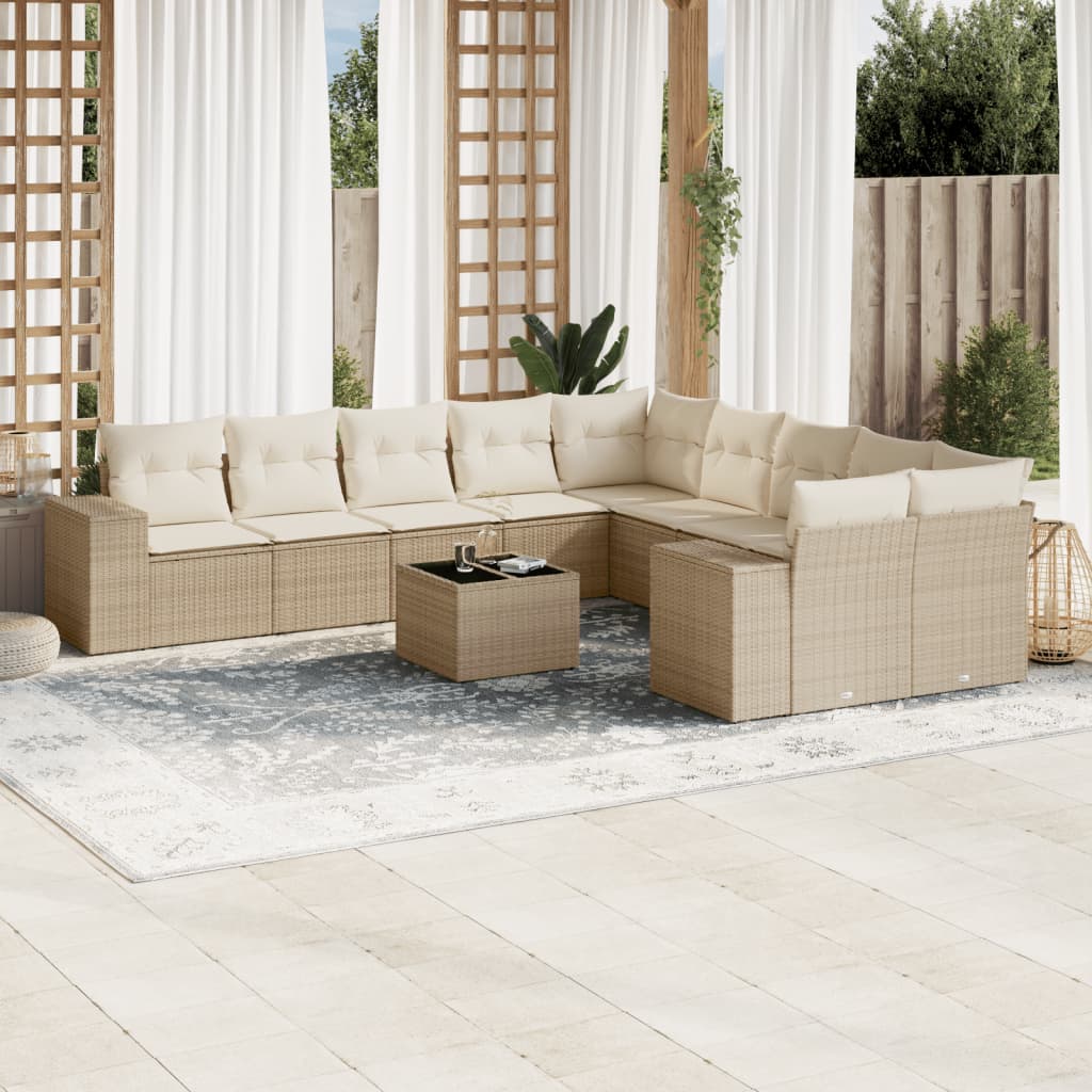 Salon de jardin 11 pcs avec coussins beige résine tressée