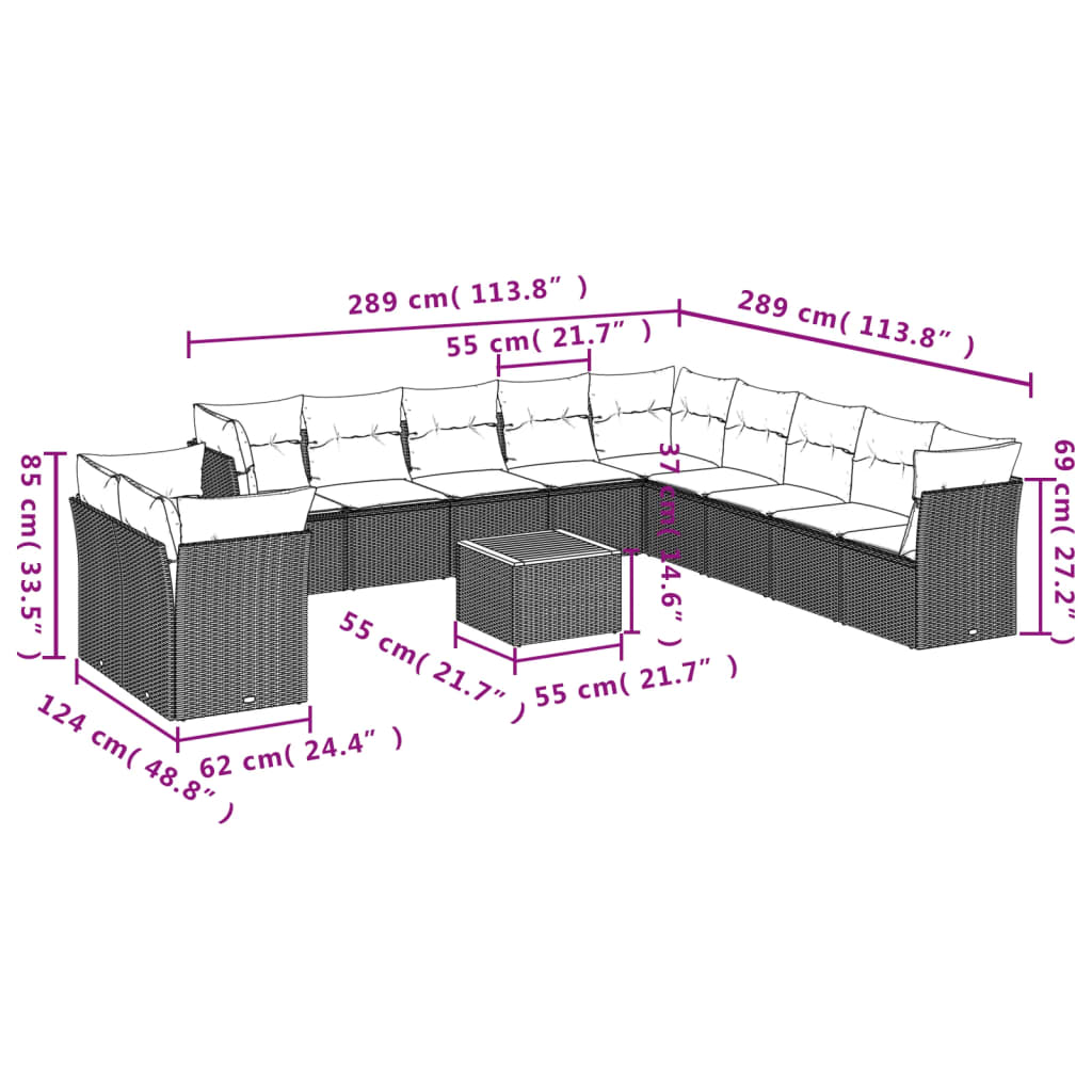 Salon de jardin avec coussins 12 pcs beige résine tressée