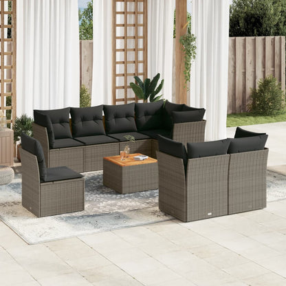 Salon de jardin 9 pcs avec coussins gris résine tressée