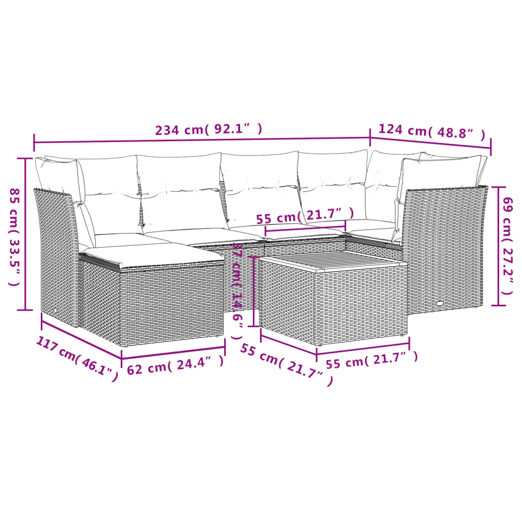 Salon de jardin avec coussins 7 pcs gris résine tressée