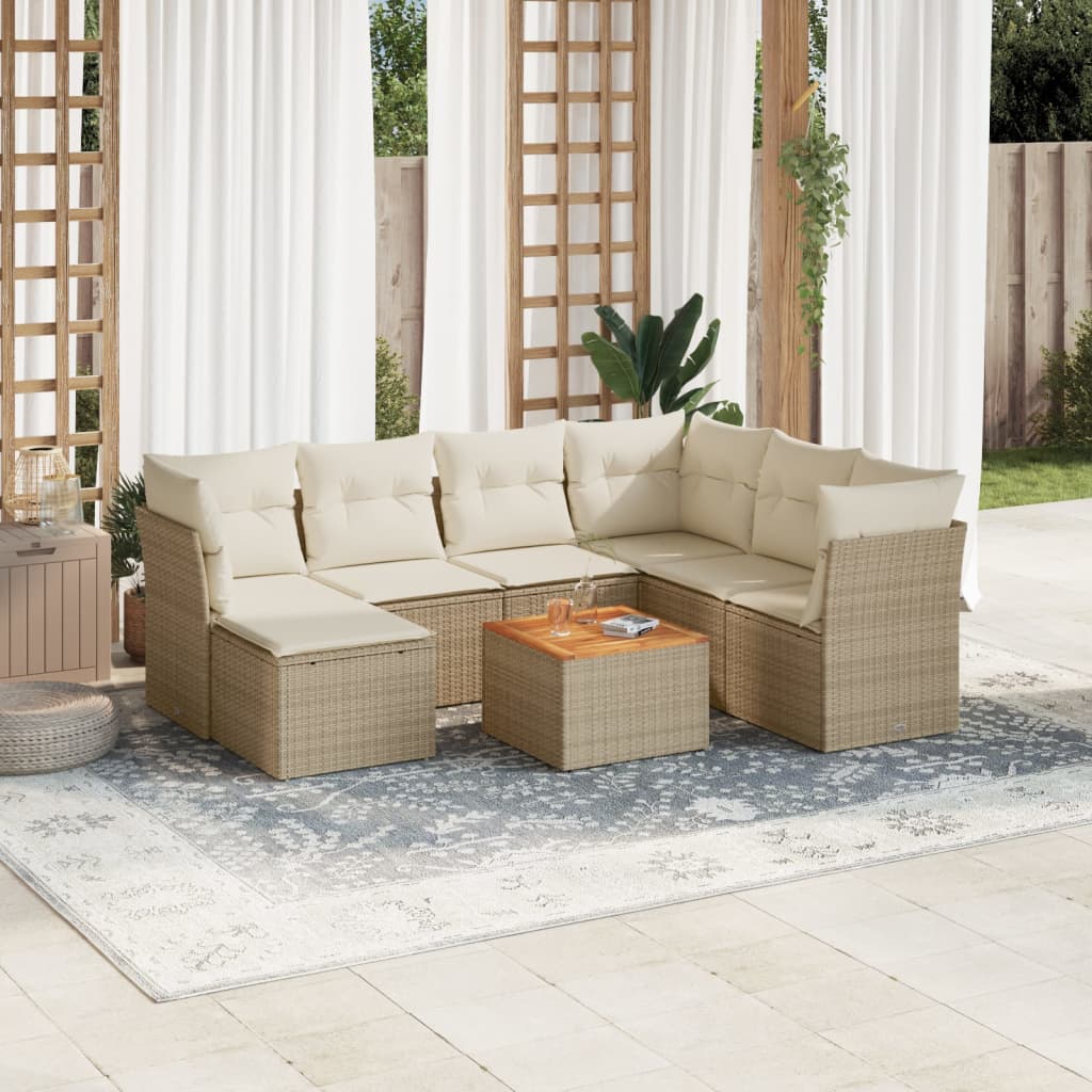 Salon de jardin avec coussins 8 pcs beige résine tressée