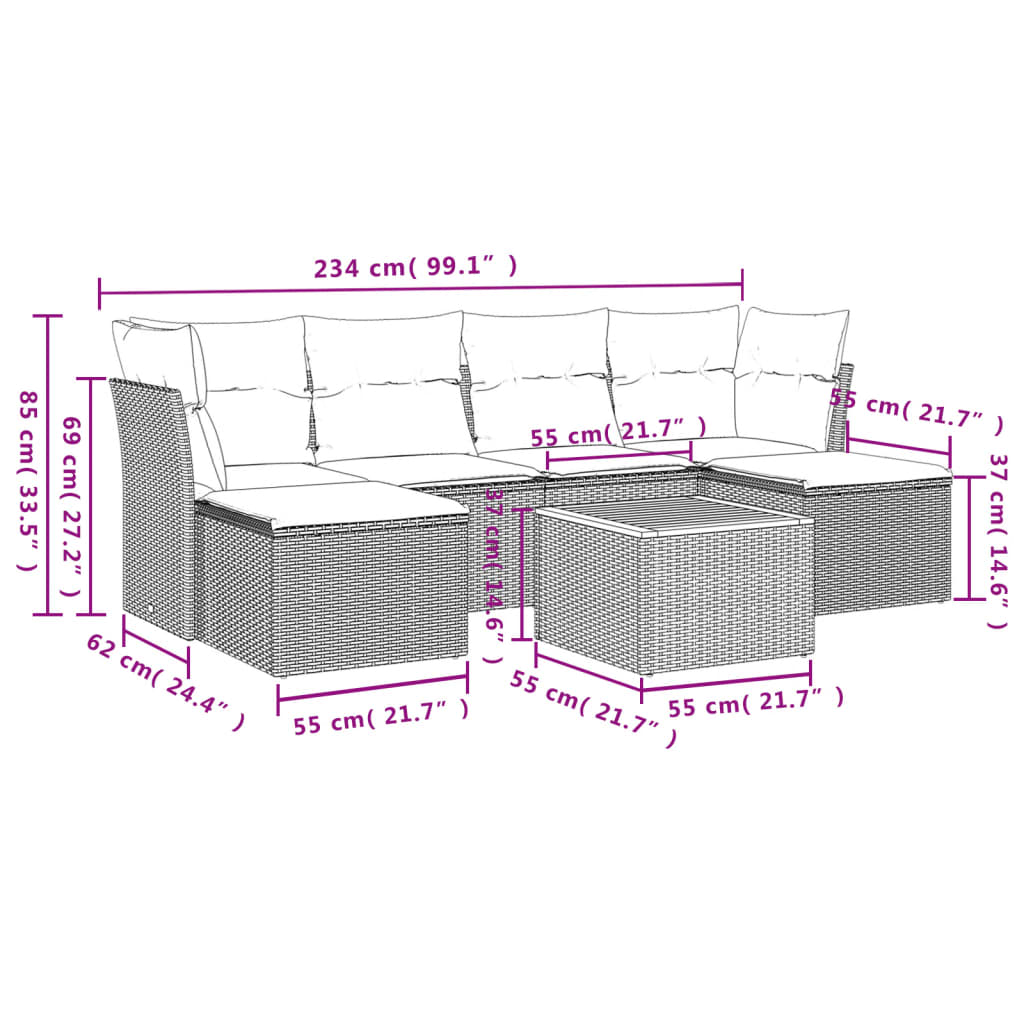 Salon de jardin avec coussins 7 pcs beige résine tressée