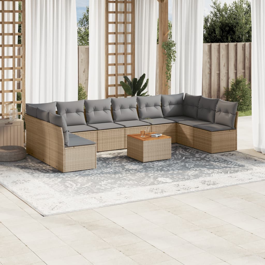 Salon de jardin et coussins 11 pcs mélange beige résine tressée