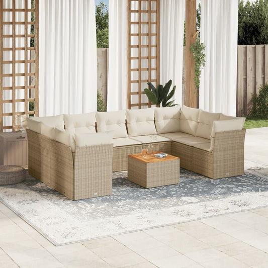 Salon de jardin avec coussins 10 pcs beige résine tressée