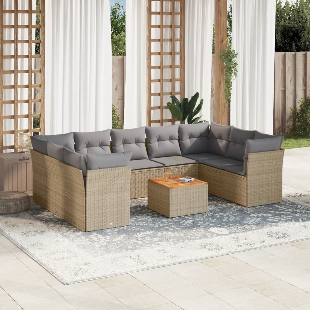 Salon de jardin et coussins 10 pcs mélange beige résine tressée