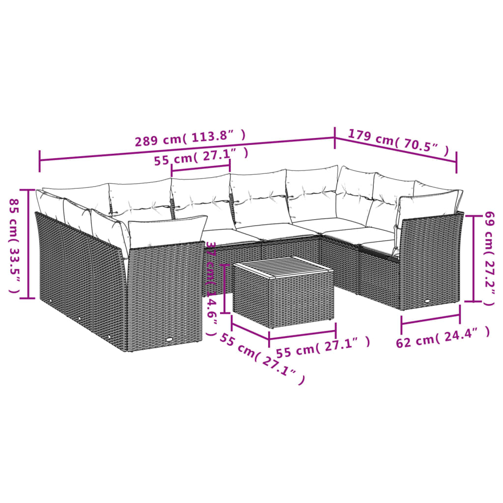 Salon de jardin avec coussins 10 pcs gris résine tressée