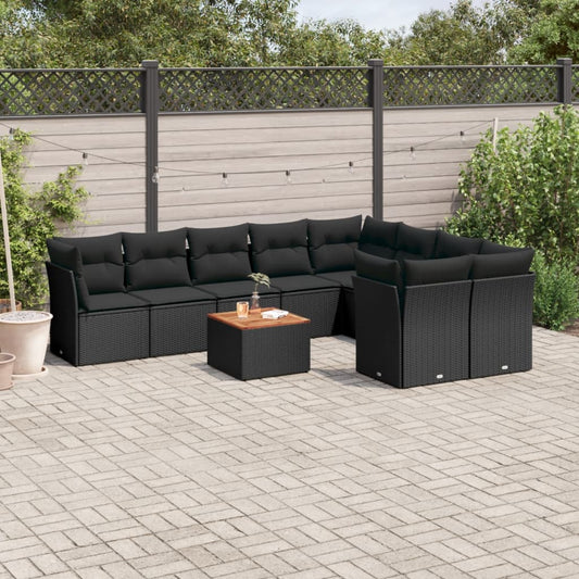 Salon de jardin 10 pcs avec coussins noir résine tressée