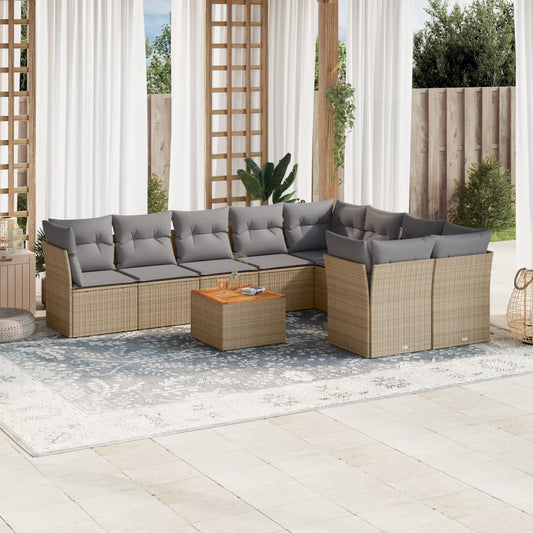 Salon de jardin et coussins 10 pcs mélange beige résine tressée