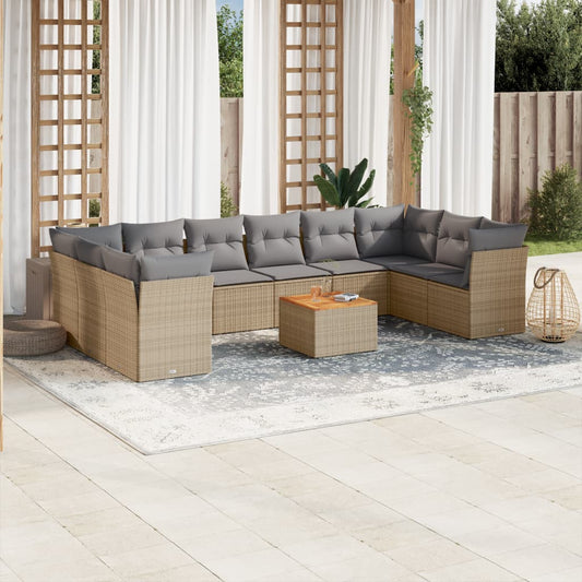 Salon de jardin et coussins 11 pcs mélange beige résine tressée